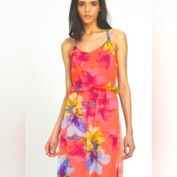 Ella Moss Hibiscus Floral Silk Strapless Dress in guava L $138 spring cocktail - Picture 1 of 10